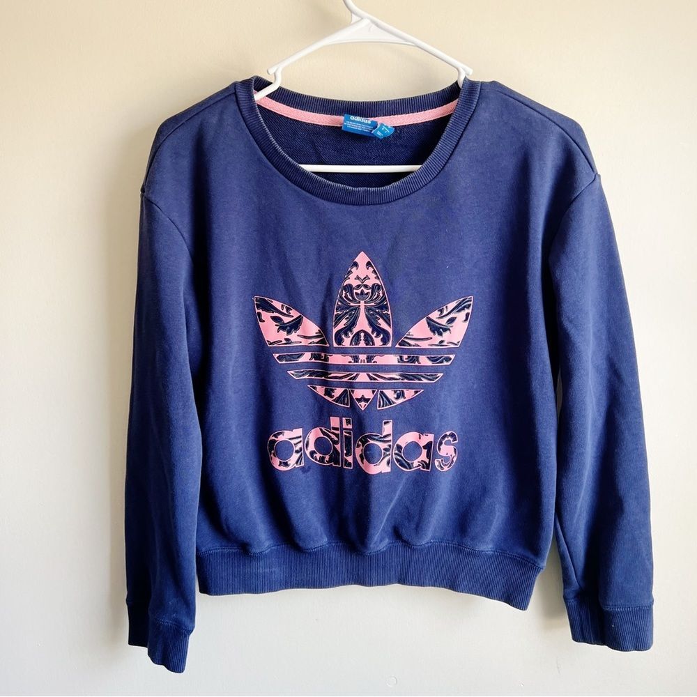 Adidas Navy Blue Graphic Logo Pullover Active Athletic Cropped Sweatshirt
